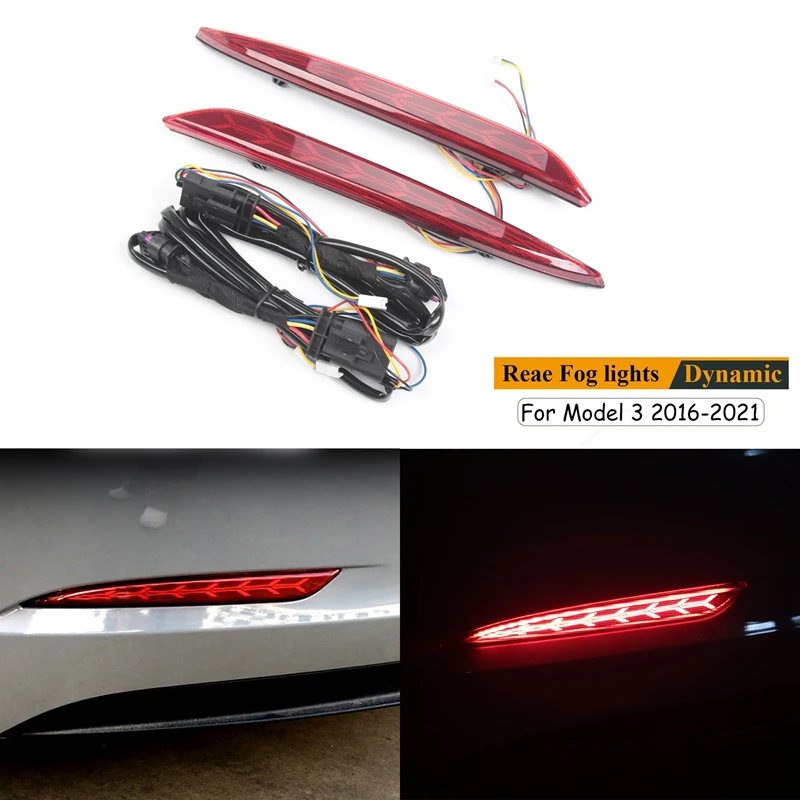 Car Rear Bumper Reflector, for Tesla Model 3 LED Dynamic Turn Signal Lights Rear Fog Lamps Herringbone Style