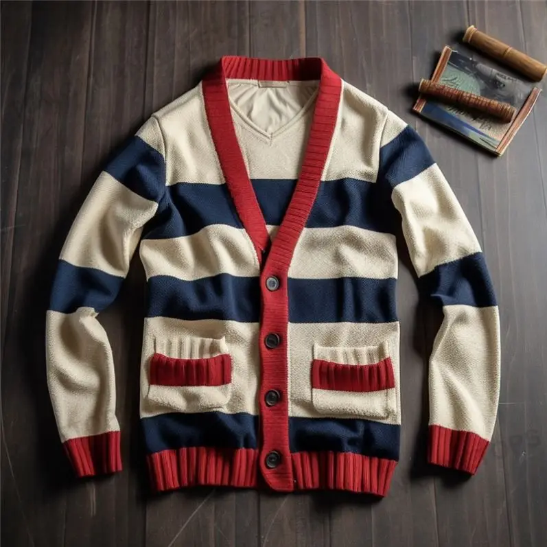 2024 OEM и ODM производитель одежды вязаный свитер новый дизайн мужской трикотаж полосатый хлопковый школьный кардиган свитер