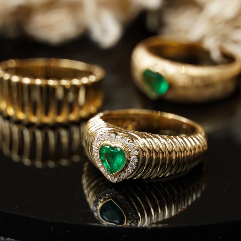 H&F Manufacturer Emerald Heart Cut Ring with Natural Diamond 18K 14K 9K Real Gold Natural Gemstone Fine Jewelry Customize