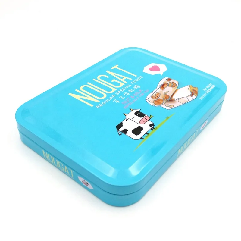 Recycled material rectangle custom printed nougat candy packaging metal box