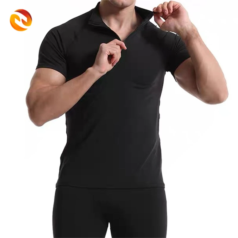 Wholesale Men Quick Dry Training T-Shirt with Stand Collar Zipper Short Sleeves Breathable Gym Stretch Tight Fit Running Shirts