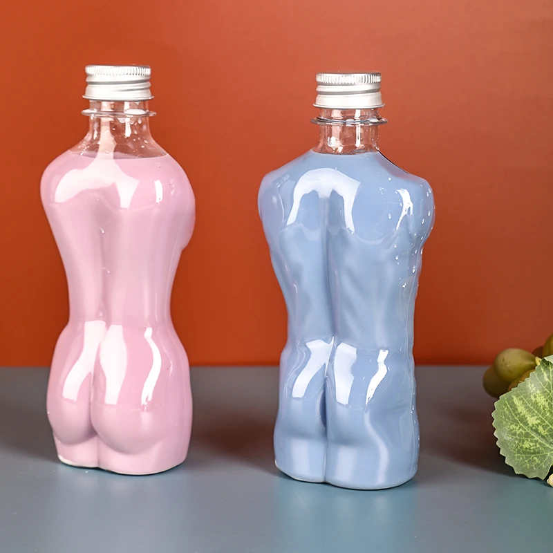 Luxury Beverage Packaging Bottles Set PET 500ml 200ml Women Female Body Shaped Bottle with Aluminum Lid