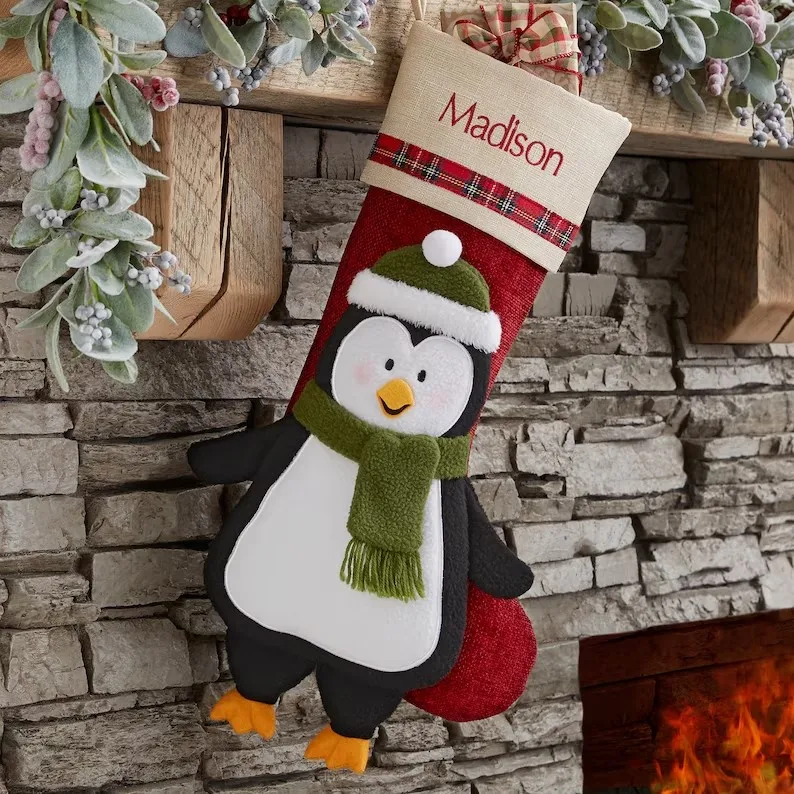Penguin Cheerful Holiday Personalized Embroidery Winter Linen Cuff Plaid Christmas Decorative Stockings