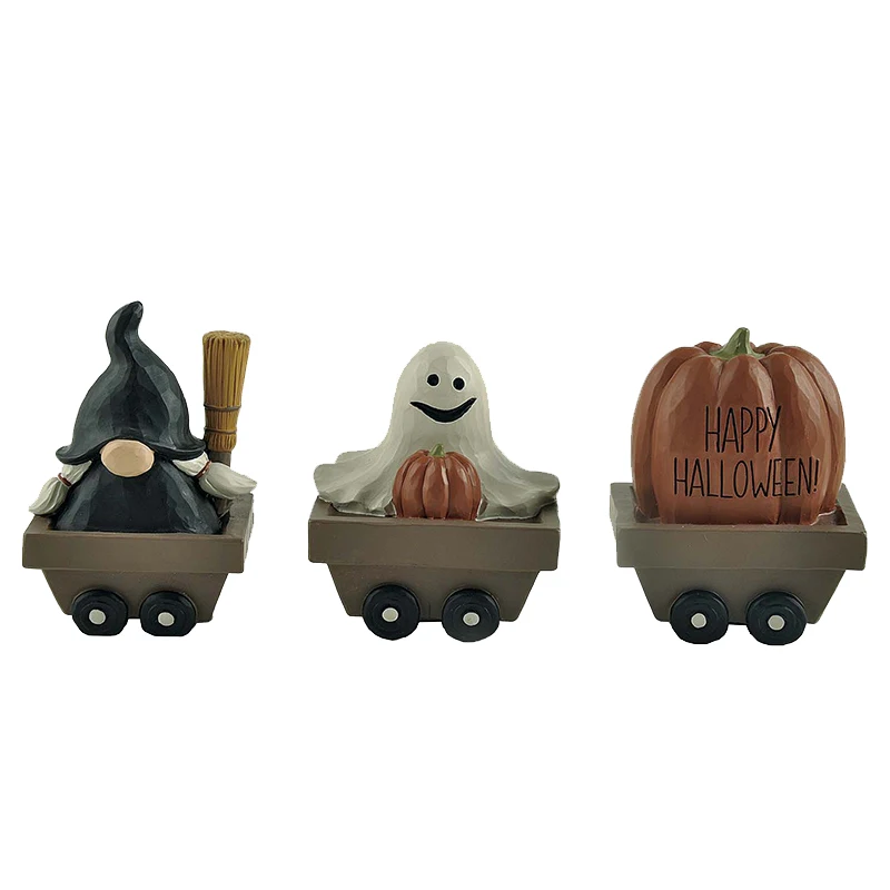 Factory Handmade 3 Witch/Pumpkin/Ghost on Wagon Set Small Ornaments, Halloween Decoration 2.99' Tall 226-13457