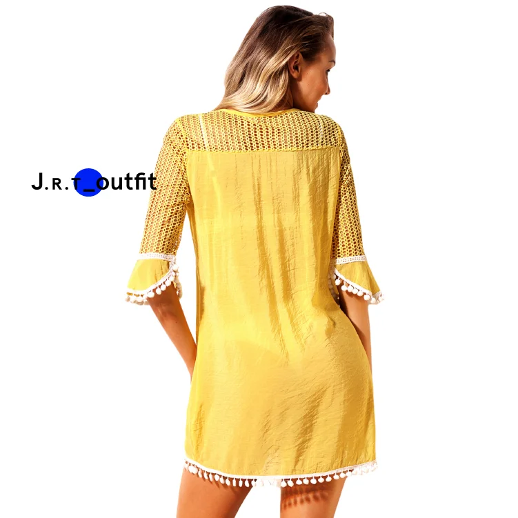 Ladies Solid Color V-neck Half Sleeve Lace Swimwear Sexy Crochet Hollow Summer Beach Dress