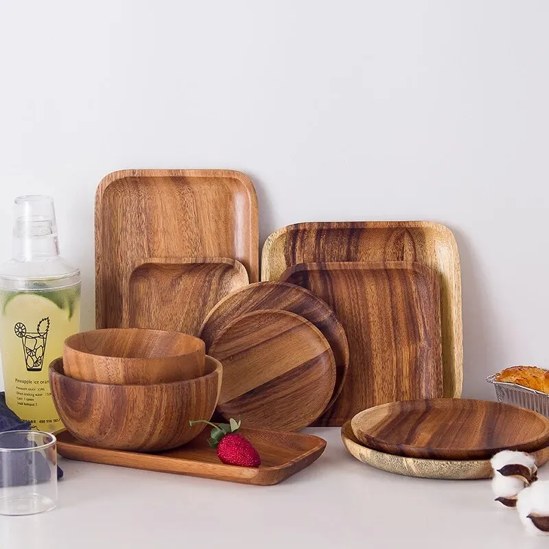Solid Acacia Wood Dinner Plates Set Custom Sizes Luxury Design for Home Use Bulk Quantity Wooden Dishware