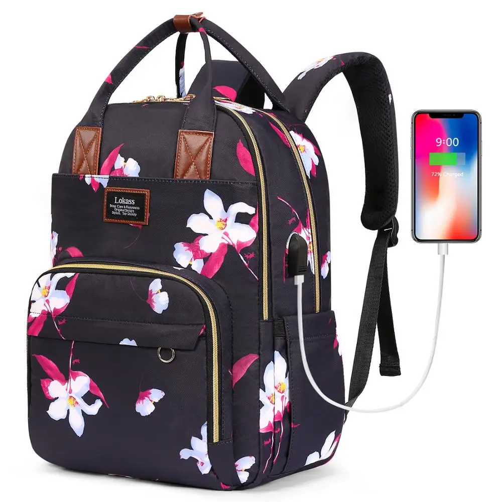 Lokass 15.6 inch Floral School Bookbag Laptop Bag Laptop Backpack with USB Charging Port and Luggage Strap