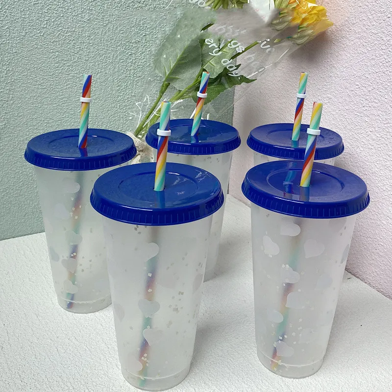 Ice Cold Drink Water 500ml 700ml Color Changing Confetti Plastic Tumbler Frosted Plastic Cups with Rainbow Straw