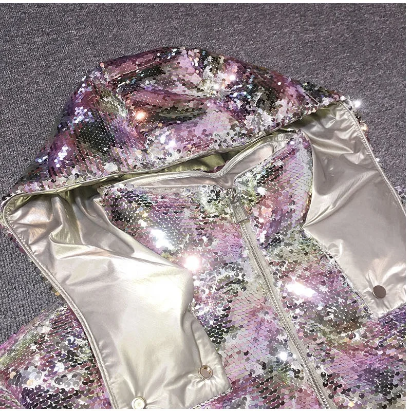 Custom Fashion Winter Sequin Coats Black Sequins Jacket Thickened Winter Coat For Kids With Hoodie