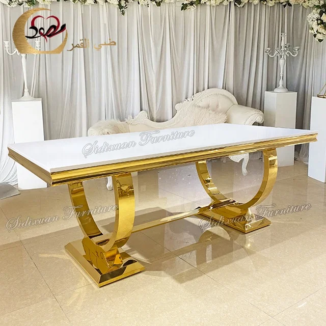 Foshan Hotel Новое поступление Золотая основа из нержавеющей стали белые стеклянные столы для торжеств