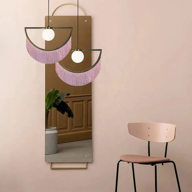 Fancy modern decorative fabric shade hanging lamp stylish dreamy pink tassel  fringe half pendant light for dining room