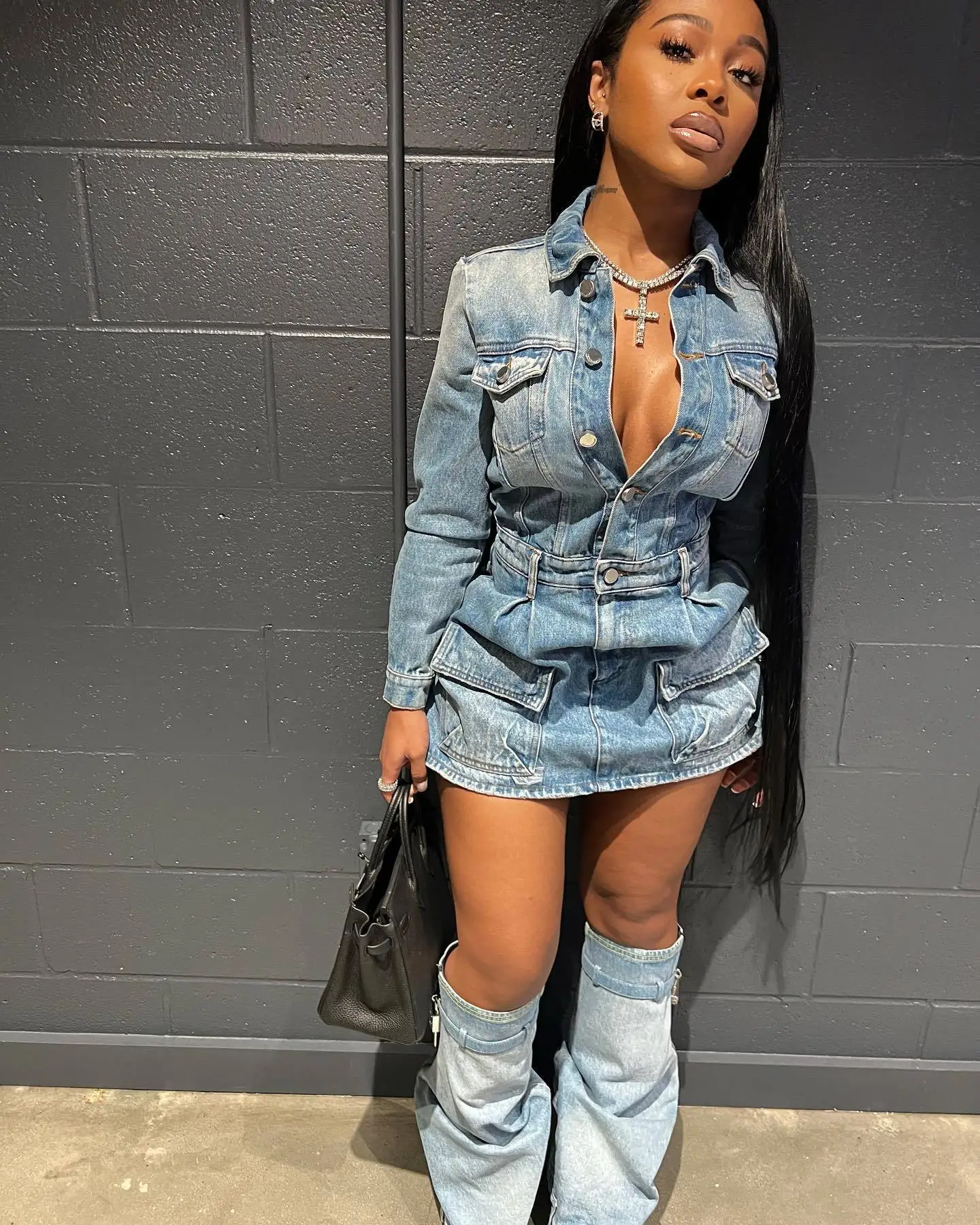 Charm Boots Set Buttons Mini Skirt Long Sleeves Denim Dress Blue Jeans Dresses Women