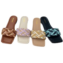 Wholesale flat slippers fancy fashion trending outerwear braided woven square toe casual sandal and flippers