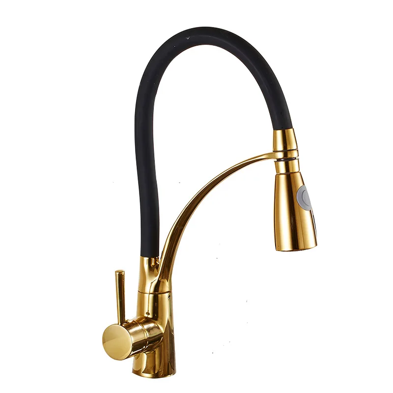 Luxury Brass Deck Mounted Gold Plated Kitchen Sink Faucet Taps Pull Out Single Handle Golden Kitchen Mixers GF1500