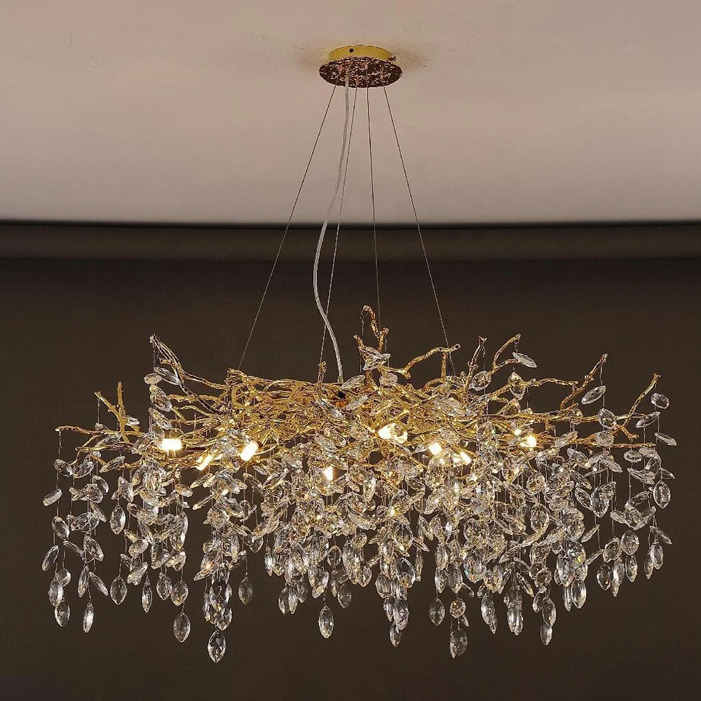 Nordic Rain Drop Branch Gold Pendant Light Dining Living Room Hotel Luxury Ceiling Led Crystal Chandelier