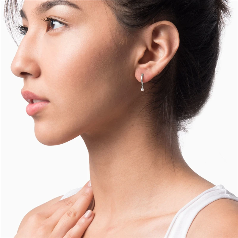 ROXI New arrival S925 Sterling Silver korean style Simple Freshwater Pearl hoop Earrings