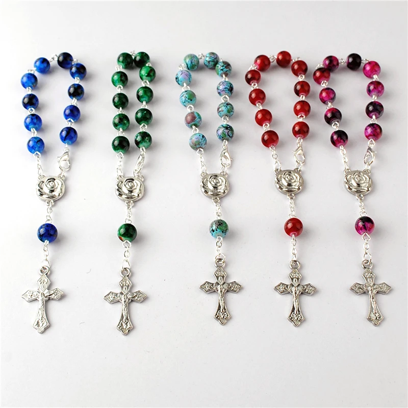 Kingme Fashion Catholic Jewelry 8 mm Glass Beads Cross Rosary Bracelet with Rose Center Piece & Mini Crucifix