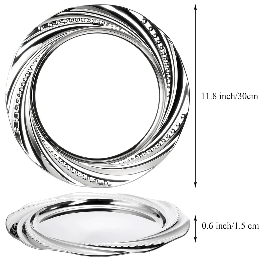Weeding Party Food Serving Tray Silver Flower Spiral Decorative Dinner Plates 12 Inch Stainless Steel Charger Plates