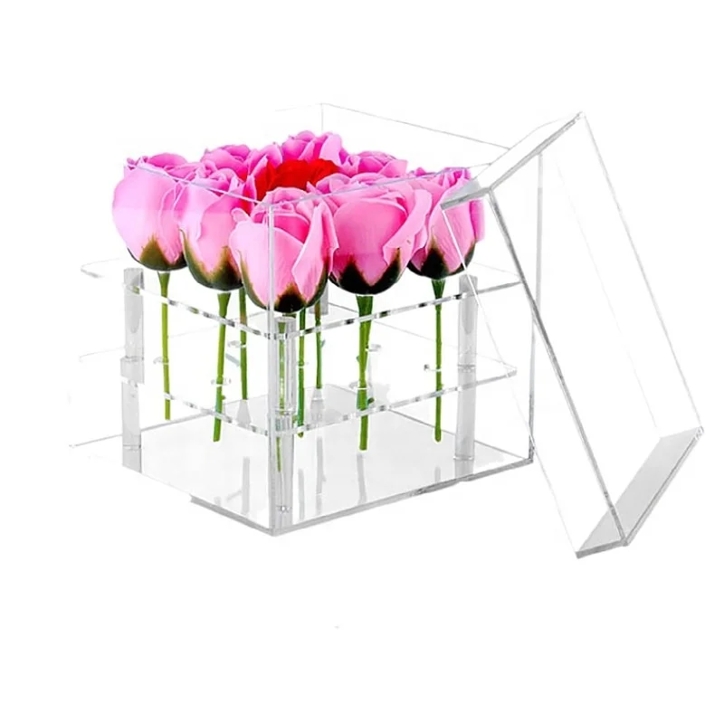 Hot Sale Customize 1 9 16 25 Holes Square Clear Acrylic Flower Storage Boxes Acrylic Rose Gift Boxes With Lid