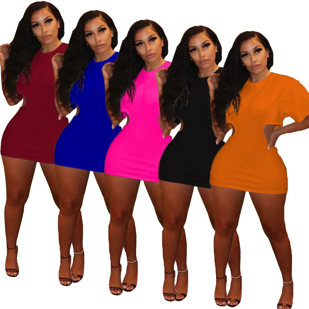 Hollow out side zipper solid color dress short mini dress