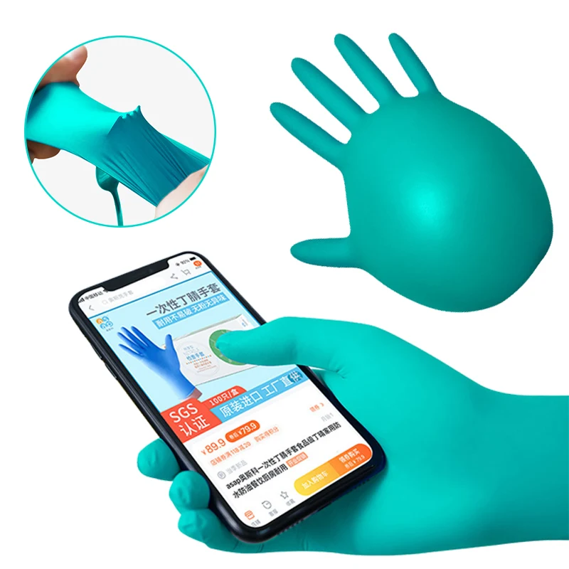 Factory hot selling disposable green composite high elastic powder-free thickened household protective food grade nitrile gloves