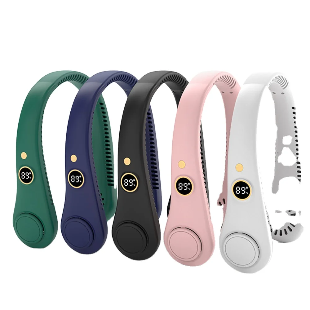 LED Digital Display Hanging Neck Fan Outdoor Sports Student USB Leafless Non Stranded Hair Turbine Mute Large Wind Mini