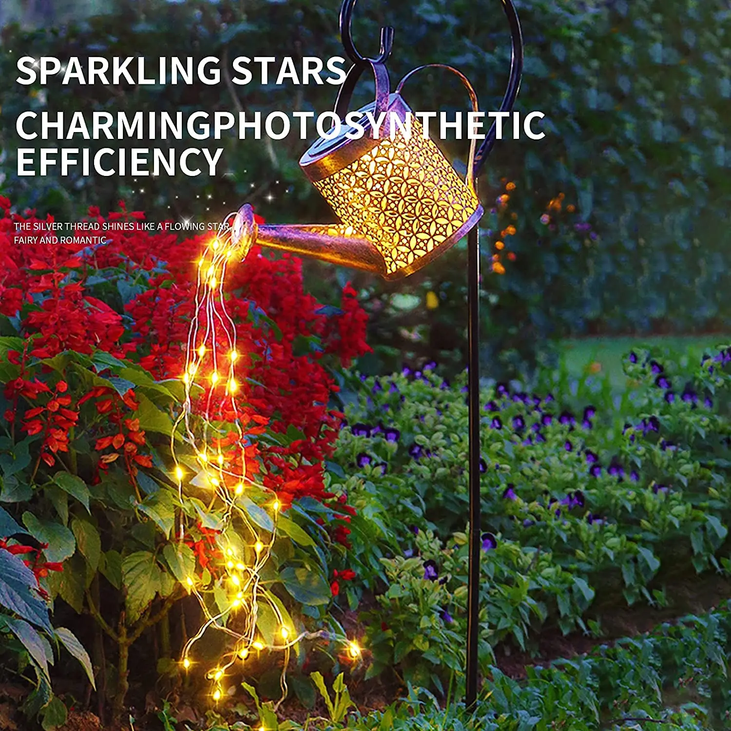 Solar Watering Can with Lights, Solar Lights Outdoor Decorative, Solar Waterfall Lights Waterproof, Metal Yard Art Decorations