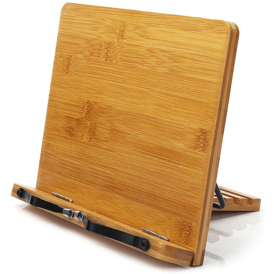 Bamboo Book Stand Adjustable Book Holder Tray and Page Paper Clips-Cookbook Reading Desk Portable Sturdy Lightweight Book stand