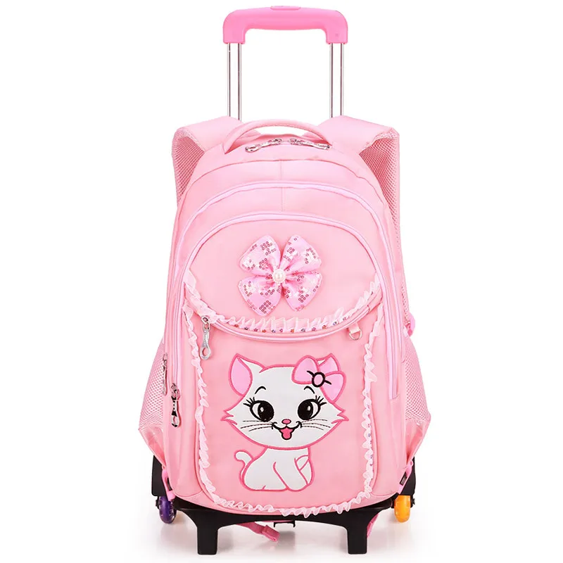 Large Capacity School Bag Trolley Children Girl Pink Fashion Kids School Bag and Lunch Bag Set with Wheels