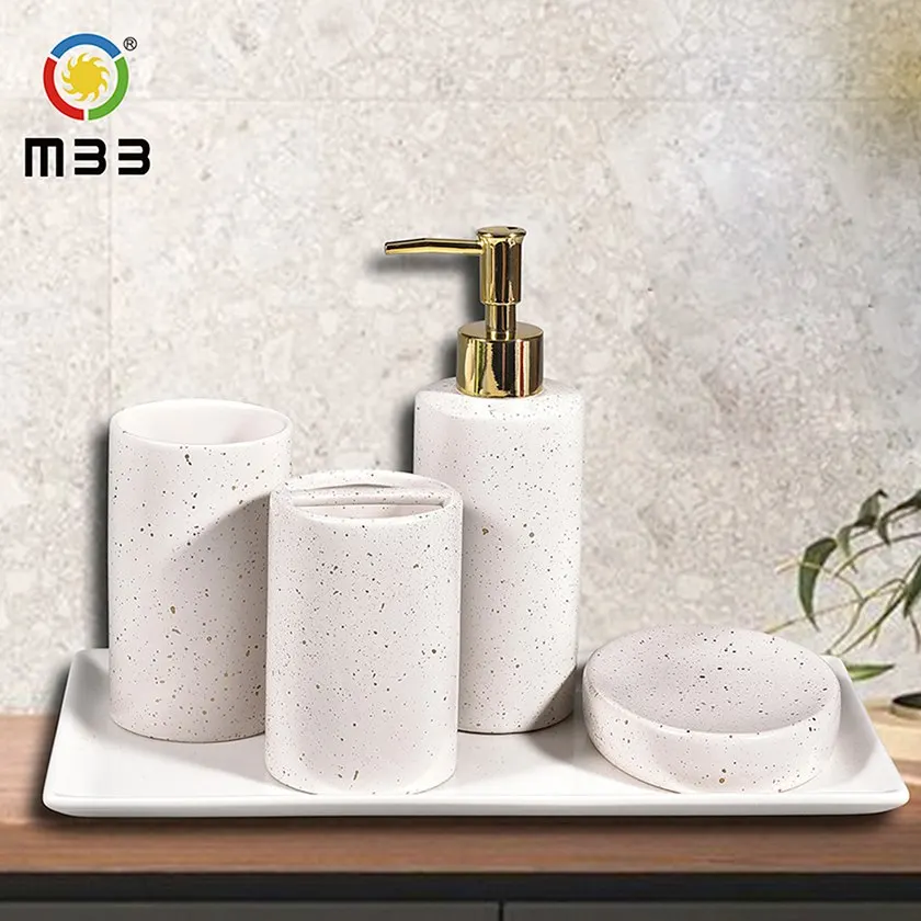 Nordic Style Bathroom Suite 4 Pieces Bathing Set Ceramic Toothbrush Holder Lotion Dispenser Tumbler and Soap Dish Shower Set