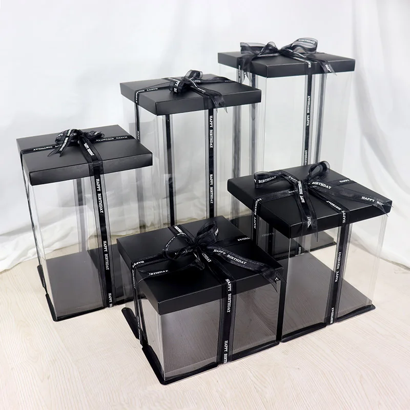 Ribbon 4 6 8 10 12 14 Customized Bobo balloon Plastic Clear Paperboard Wholesale Birthday Packaging Printing Tall Cake Boxes