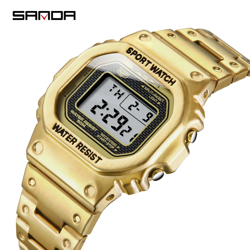  SANDA 390 king золотые мужские цифровые часы цветочный Рисунок со стальным ремешком водонепроницаемые отображение дня недели в минималистском стиле путешествия дизайн