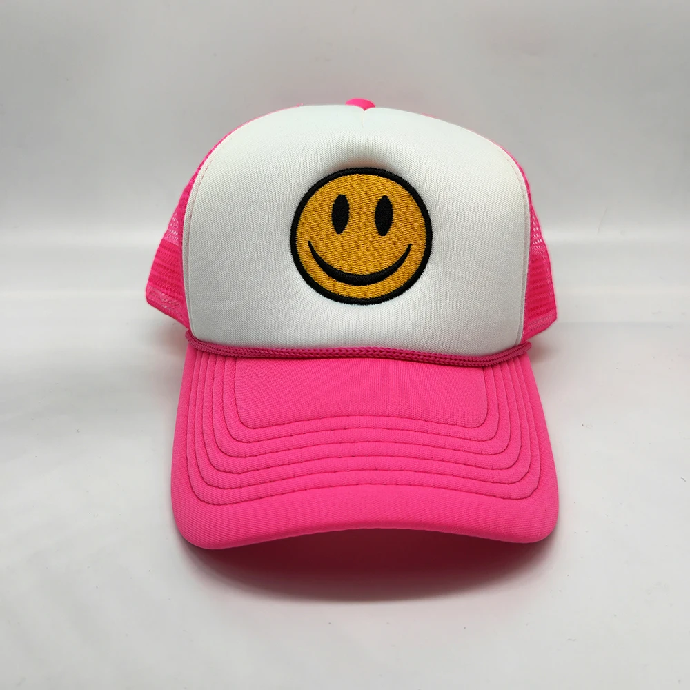 smile happy face logo gorras mesh foam cap embroidery trucker hat custom puff trucker hat