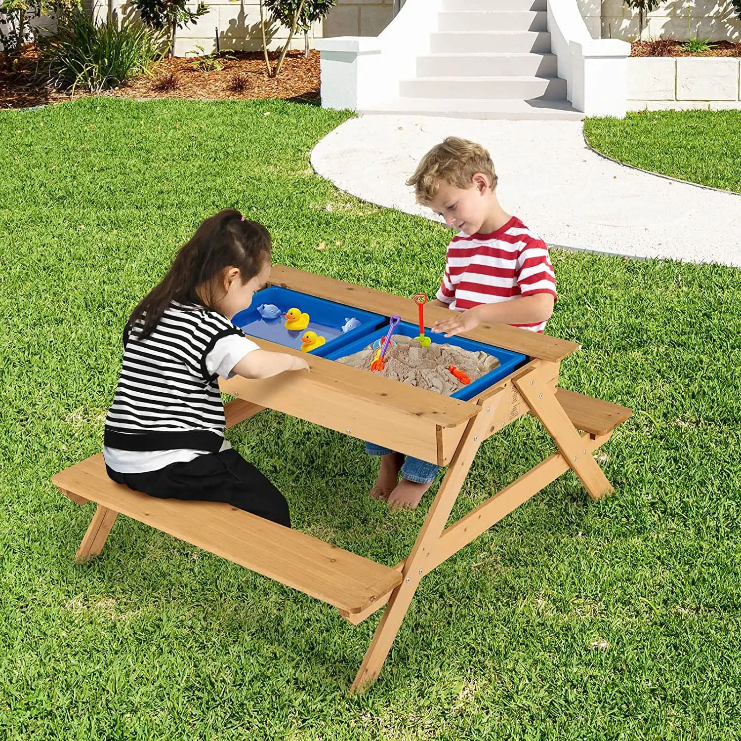 Kids Picnic Table  Outdoor Patio Dining Table  Wood  Activity Play Table  with Sand and Water Storage Box