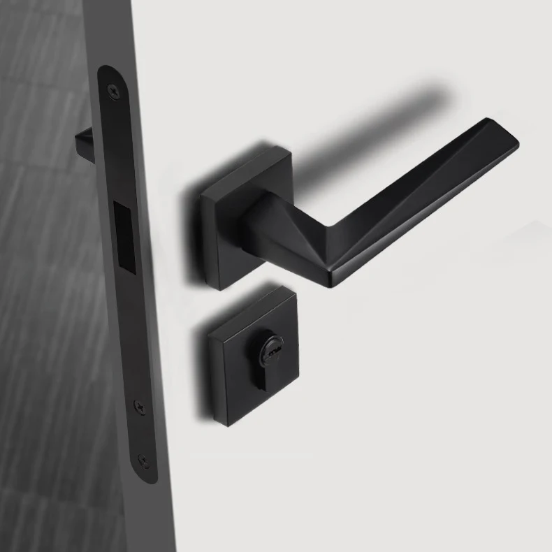 Modern Door Hardware Square Rosette Zinc Alloy Room Black Door Lever Handle Interior Silent Privacy Lock Mortise Door Handle
