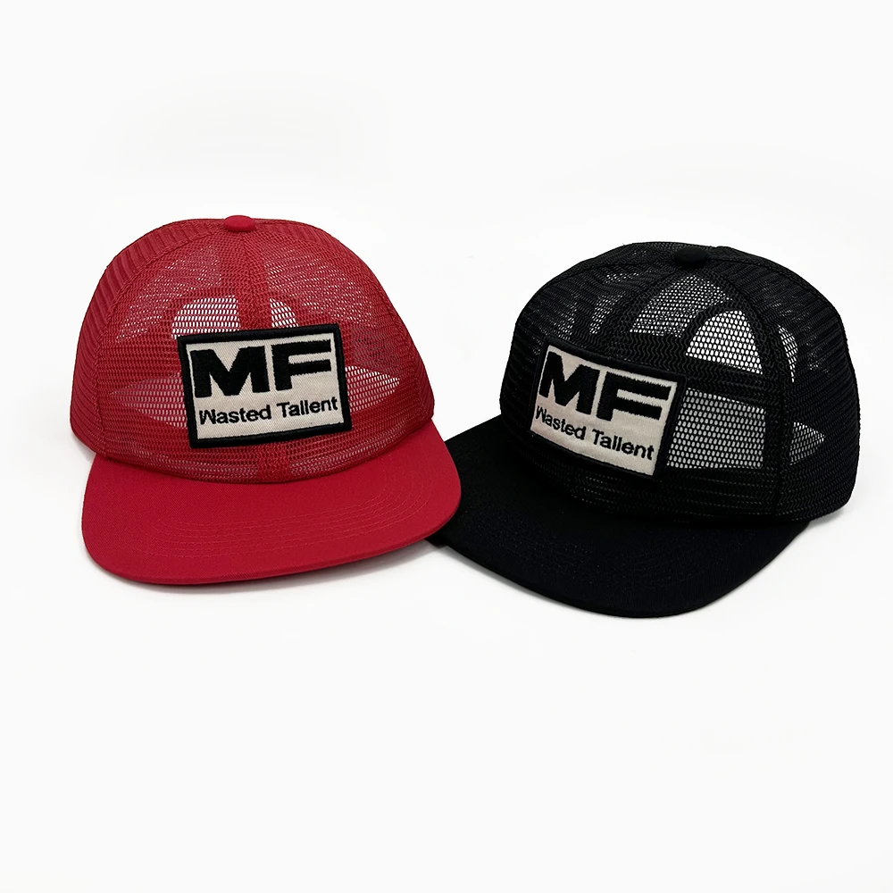 Custom Logo 6 Panel Full Mesh Cap Hats Unstructured Snapback Flat Brim Mesh With Embroidery Patch Trucker Caps