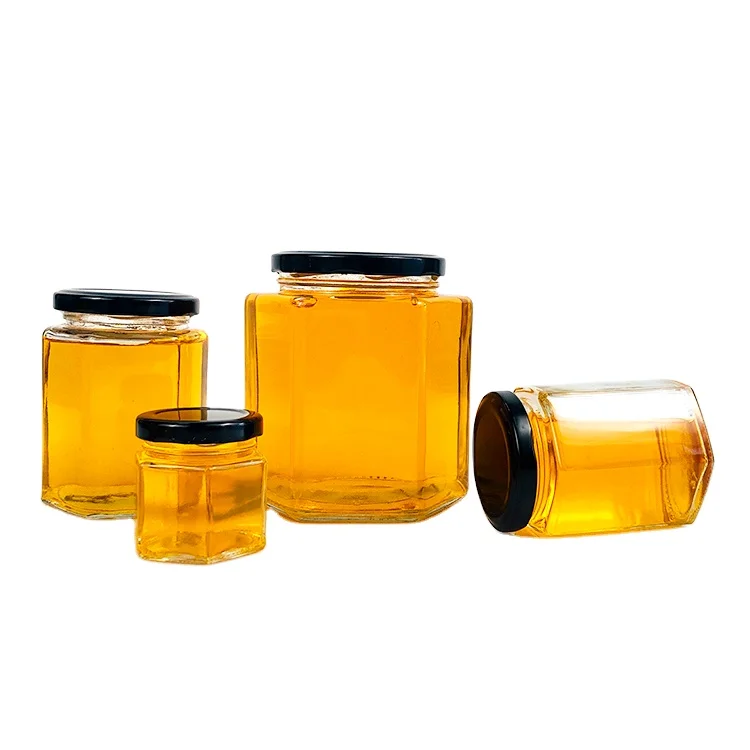 
Hexagonal Jars 180ml 280ml 380ml 500ml JamJelly Honey Spice Jar Glass Containers with Gold Lids 