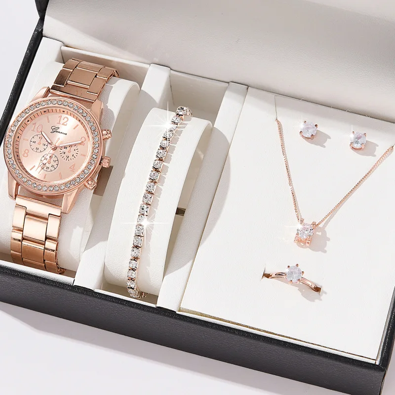 Fashion Diamond Watch Set Women Necklace Earrings Bracelet Set Watches WristWatches Stainless Steel Ladies Quartz Watch Gold