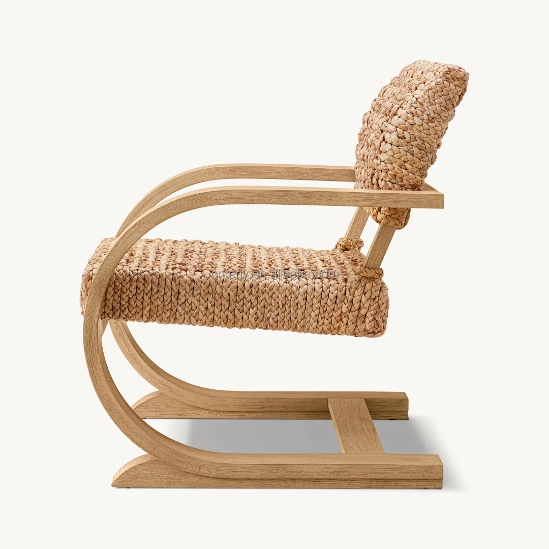 Ferly 2024 New Modern Living Room Chair Handwoven Rattan Hyacinth Back Solid Oak Wood Side chair Accent Armchair