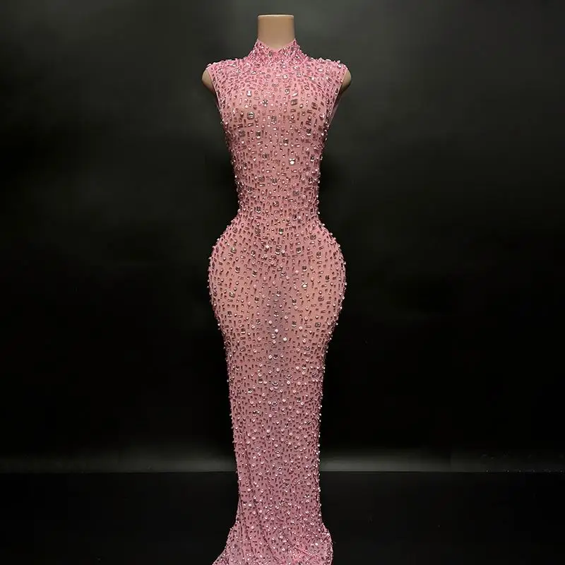 fashion wholesale products glittering crystals sleeveless high neck pink gown long dresses women for evening paty red carpet