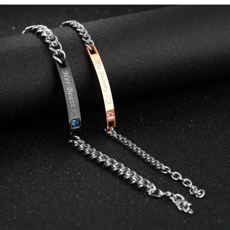 Romantic charm crystal inlaid chain engraved rose gold stainless steel couple bracelet