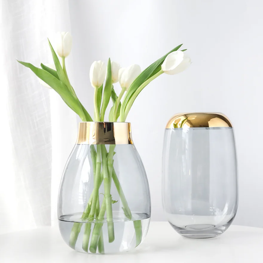 Modern minimalist vases for home decor classic transparent glass flower vase with gold edge light luxury decoration glass vase