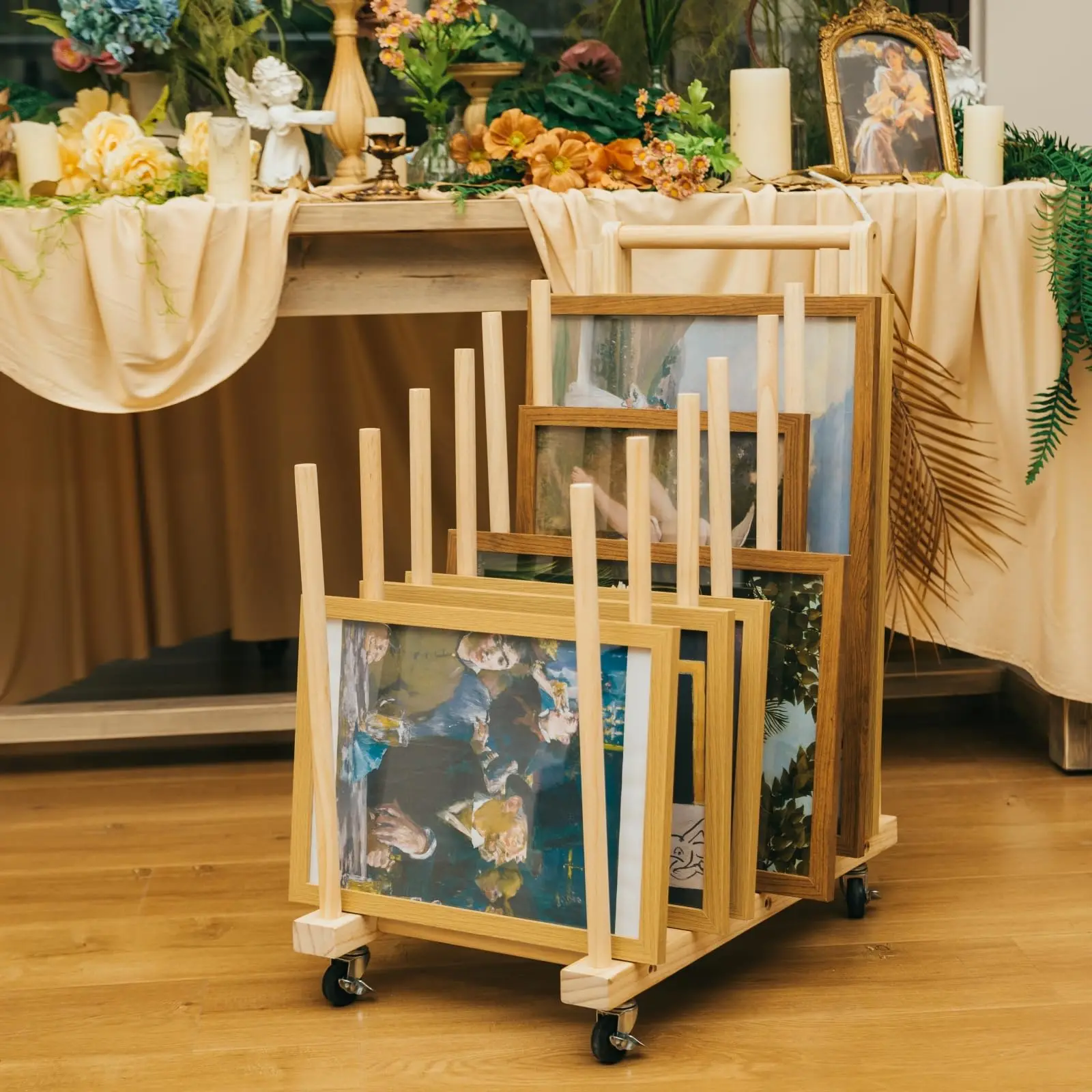 Wooden Storage Stand Caster Wheels Art Studio Easel Classroom Drawing Board Stands Crafts Drying Print Matter Paint Drying Rack
