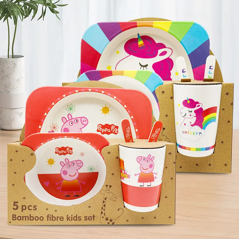 Manufacture Factory Melamine Children Dinner Set 5 Pcs Cute Milk Cow Reusable Unbreakable Bamboo Fiber Dinnerware Plate Bowl Cup