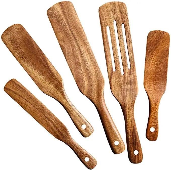 Natural Teak Wood Slotted Spurtle Spatulas Spoons Set for Nonstick Cookware Kitchen Cooking Heat Wooden Spurtle Kitchen Utensils