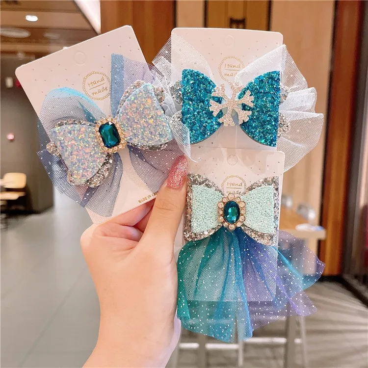 IFOND Princess Crystal Girl Kids Hair Clips Ribbon Bow For Girl Hair Ribbon Bow Cute Glitter Bling Shiny Pins Baby Girls
