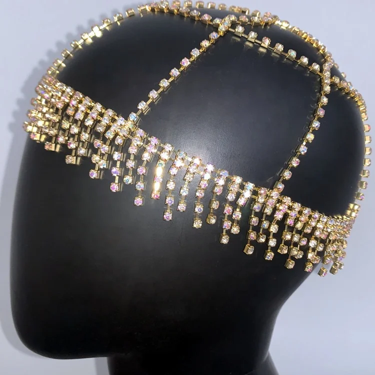 Luxury Chain Rhinestone Forehead Headpiece Tassel Bridal Head for Women Handmade Crystal Hair Headwear Accessories