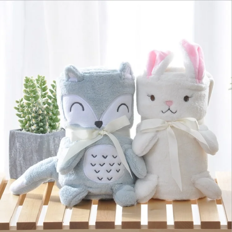 Super Warm Cartoon bunny baby travel blanket with toy