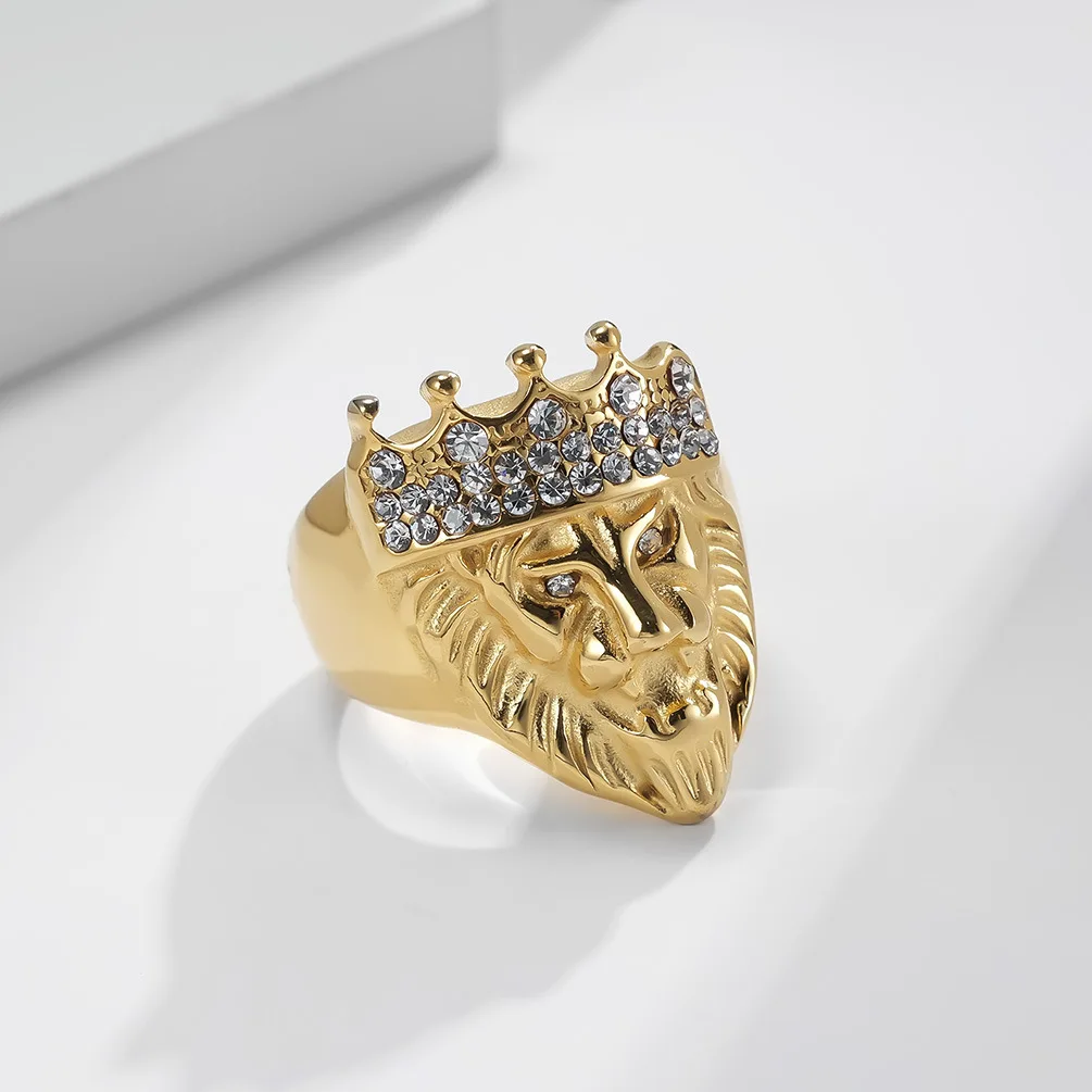 High Quality 18K Gold Plated Diamond Inlay Lion King Crown Stainless Steel Ring HipHop CZ Inlay Golden Rings for Men