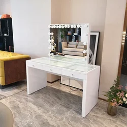 Docarelife Luxurious Wooden Lighted LED Bulb Hollywood Style Vanity Dressing Makeup Table and Mirror Set with 3 Drawers